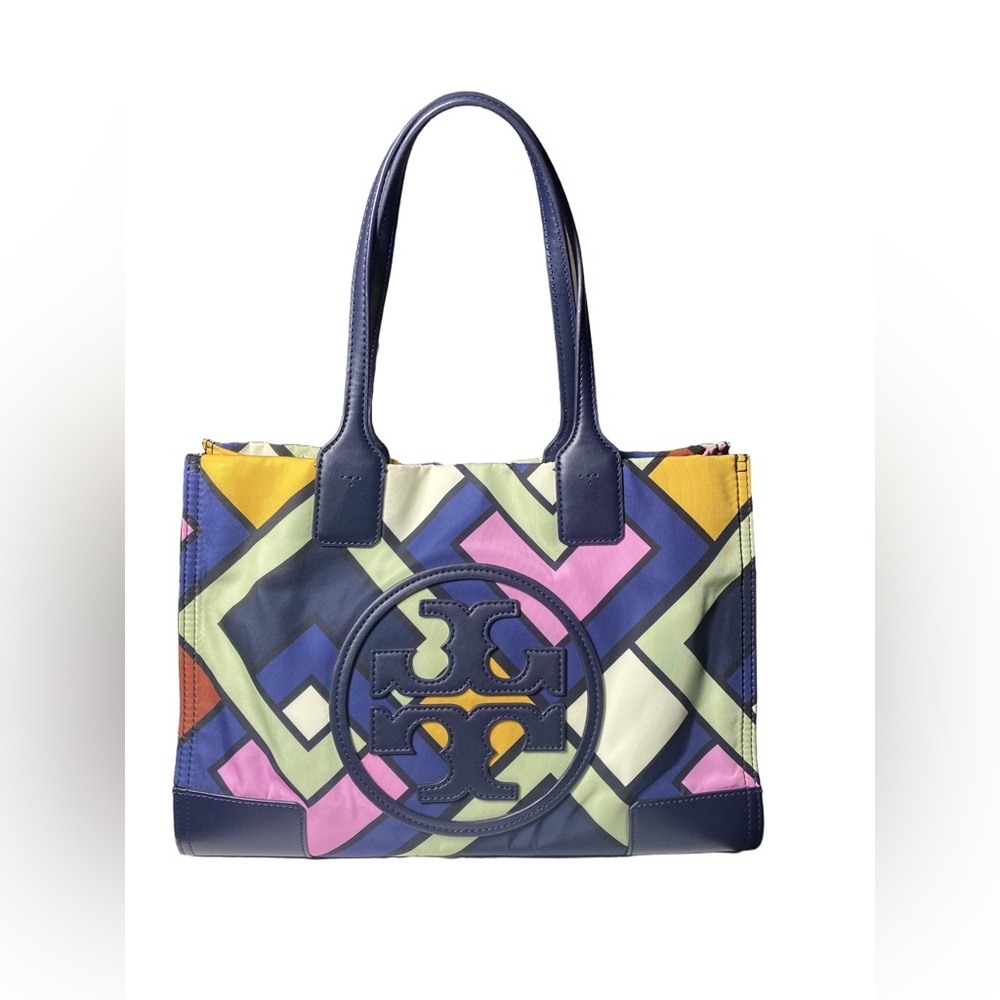 Tory Burch Navy Multicolor Geometric Logo Tote